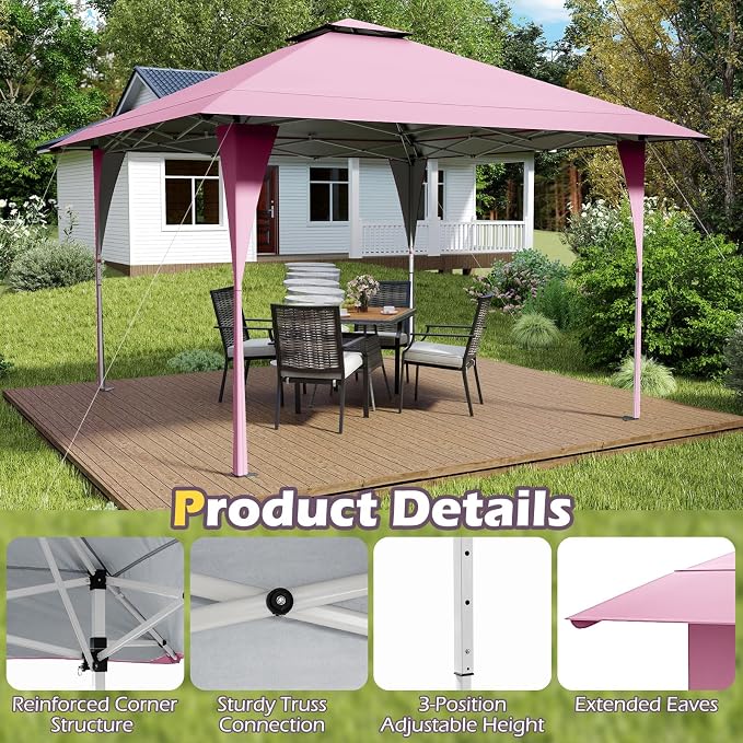 Tangkula 13x13 FT Pop Up Gazebo, UPF50+ Outdoor Sunshade Shelter with Carrying Bag, 8 Stakes, 4 Wind Ropes, Foldable Outdoor Gazebo for Beach Party Event Camping (Pink)