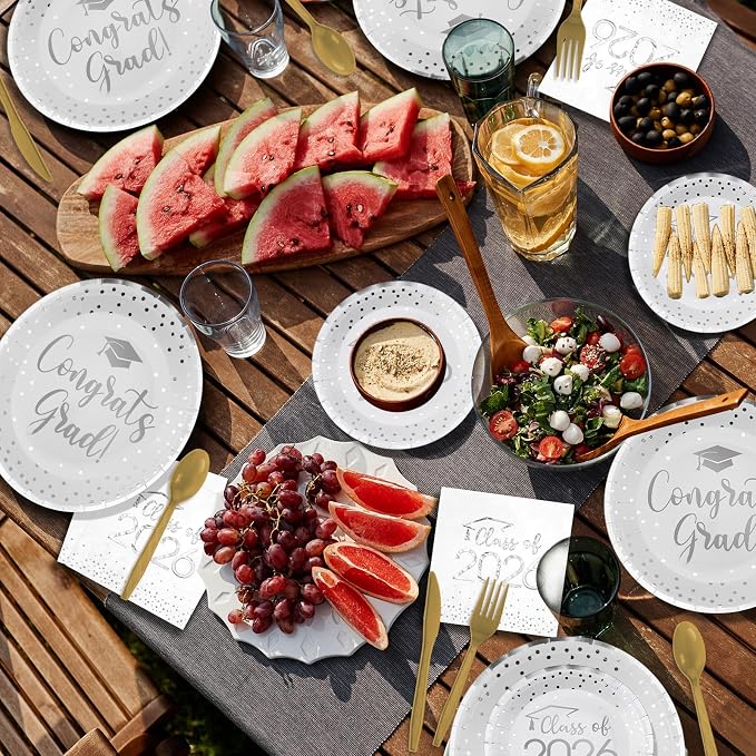 175pcs Class of 2026 Graduation Plates and Napkins Set, Disposable Paper Plate Set Polka Dots Napkins Cups Knife Fork Spoon for Graduation Party Decorations and Supplies,Serve 25 (White Silver)