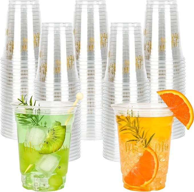 AimFun 50Pcs Mr and Mrs Plastic Cups Wedding Bridal Shower Disposable Party Cups Wedding Reception 12oz Clear Drinking Cup for Anniversary Birthday Party Supplies Decorations (50, Gold)
