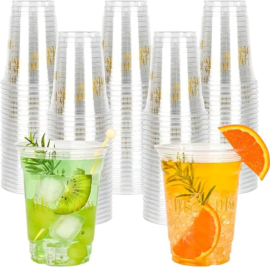 AimFun 100Pcs Mr and Mrs Plastic Cups Wedding Bridal Shower Disposable Party Cups Wedding Reception 12oz Clear Drinking Cup for Anniversary Birthday Party Supplies Decorations (100, Gold)