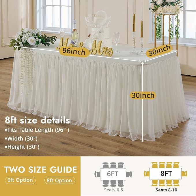 6-Pack Ivory Tulle Tablecloth for 8 Ft Rectangle Tables – Elastic Spandex Table Cover with Tutu Skirt, Wrinkle Free for Wedding, Birthday Party, Banquet Buffet, Craft fairs