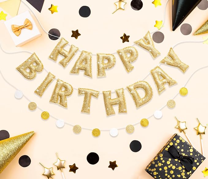 Pre-strung Gold Glitter Happy Birthday Banner Garland, Reusable Birthday Party Decorations, No DIY Gold Birthday Party Banner Sign Decor for Women Men Boys Girls Party Backdrop Party Supplies