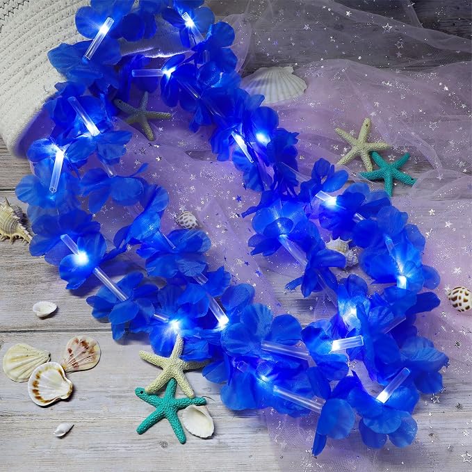 Sherr 48 Pcs LED Hawaiian Leis Light up Flower Leis Necklace with LED Lights Luau Flowers Necklaces for Masquerade Beach Wedding Tropical Themed Party Supplies(Bright Blue)
