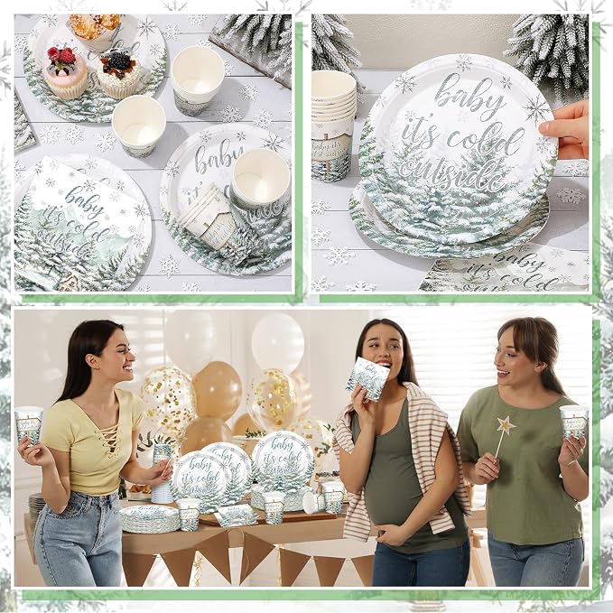 Hushee 200 Pcs Cold Outside Baby Shower Paper Plates Cups Napkins Party Supplies Tableware Set Disposable Cup Napkin for 50 Guest Party Decoration