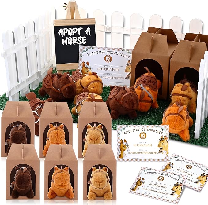 Blueweenly 84 Pcs Adopt a Pet Party Supplies 24 Mini Animals 10 White Plastic Fence 24 Paper Gift Boxes 24 Adoption Cards with Mini Chalkboard and Artificial Lawn(Brown Pony)