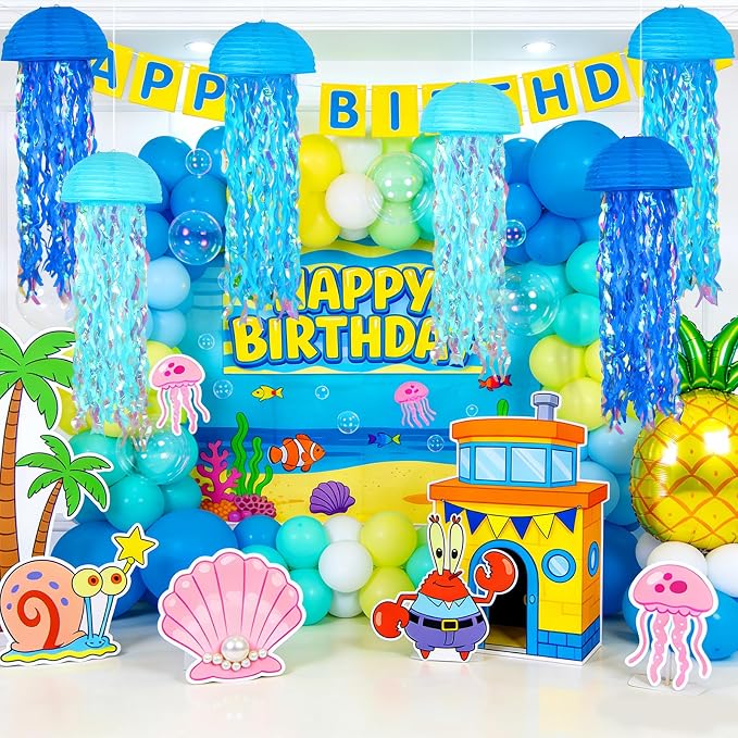 10" Jellyfish Paper Lanterns Lamps - Gradient Blue Under the Sea Party Decorations for Mermaid Theme Birthday, Beach Baby Shower, Pre-Assembled Classroom & Ocean Decor, 6 PCS