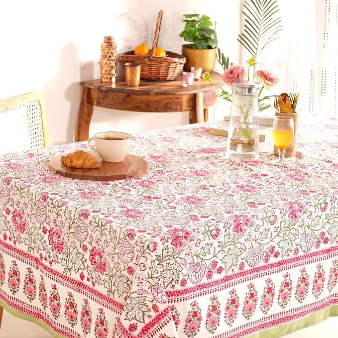 Hand Block Printed Tablecloth, Colorful Floral Print, Indian Artisan Handmade Art, Dining Room, Kitchen, Outdoor Décor, (Peach Rose Bloom, 12 Seater 72 x 135 Inches Rectangle)