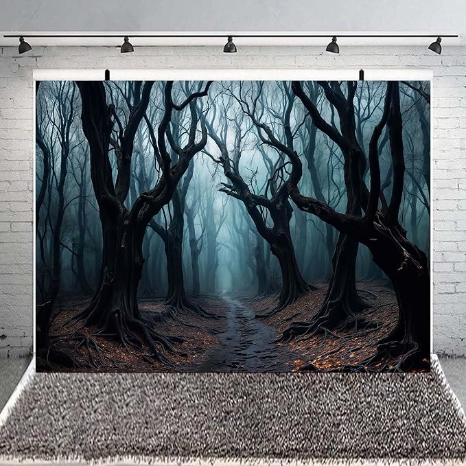 8 x 6 ft Halloween Forest Backdrop Haunted Mist Forest Witch Creepy Scene Dark Pathway Scary Trees Spooky Foggy Woods Background for Halloween Birthday Party Decorations Photo Booth Studio Props