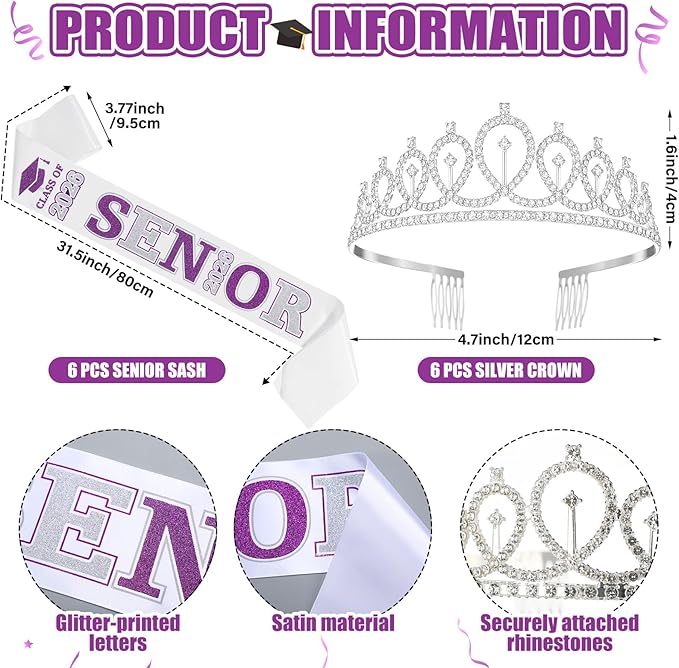 Janinka 6 Pcs Senior Sash 2026 Graduation Satin Sash with Glitter Letter Silver Crown Tiaras Cheer 2026 Gifts for Graduation Party Cheerleader Prom Photos Celebration(Purple)