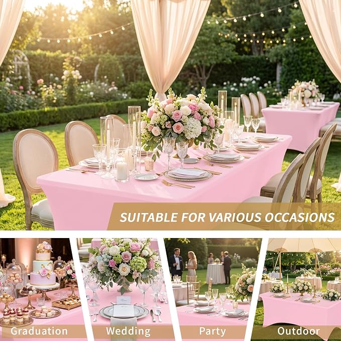 Fixwal 6 Pack 6Ft Pink Table Cover, Spandex Fitted Tablecloths Rectangle, Wrinkle-Free and Stretch Folding Table Cloth for Banquet, Wedding, Party, Trade Show