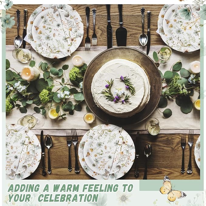 Ziliny 250 Pcs Wildflower Party Decorations Include Spring Summer Floral Paper Plates Napkins and Cups for Wildflower Baby Shower Tea Decorations, Serve 50 Guest (Green, Spring Style)