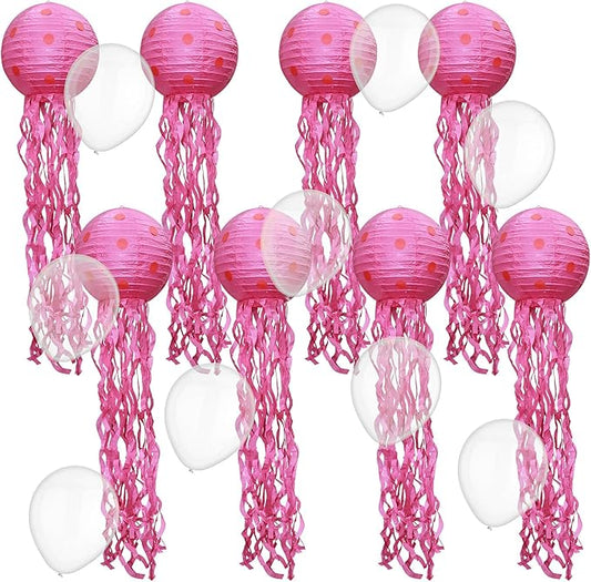 8 Pack Rose Pink Jellyfish Party Decorations Set with Balloons & Dots Under the Sea Theme Party Supplies for Mermaid, Ocean, Nautical Events