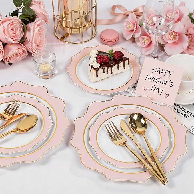WDF 100PCS Pink Plastic Plates - Heavy Duty Pink and Gold Disposable Plates - Include 50 Dinner Plate and 50 Cake Plastic Plate for Baby Shower/Wedding/Spring/Bridal Shower/Tea Party/Mother's Day