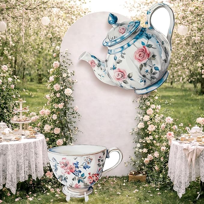 2 Pcs Large Wonderland Tea Party Decoration 23'' x 27'' Wonderland Garden Yard Sign Life Size Teapot Teacup Cardboard Cutout Stand Vintage Photo Prop for Birthday Wedding Bridal Shower Decor