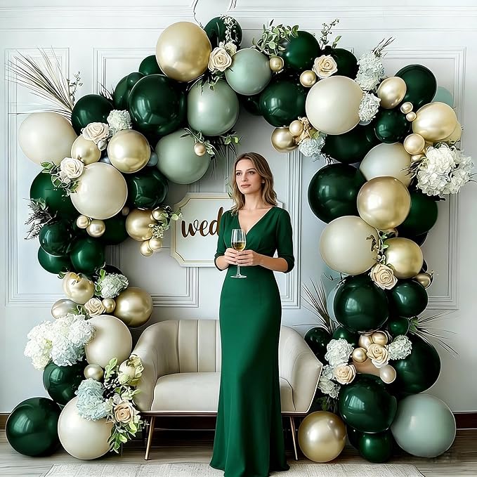 Emerald Green Gold Balloon Arch Kit Double Stuffed Dark Dusty Green Pearl White Sand Latex Balloon Garland for Birthday Baby Shower Wedding Anniversary Graduation Jungle St. Patrick's Day Party