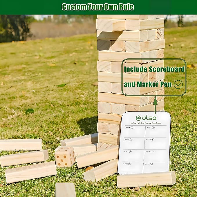 Olsa Giant Tumble Tower, Toppling Timber Game with Carrying Bag 60 PCS Wooden Block Stacking Game for Adults Family (2.2 Ft to 5 Ft)