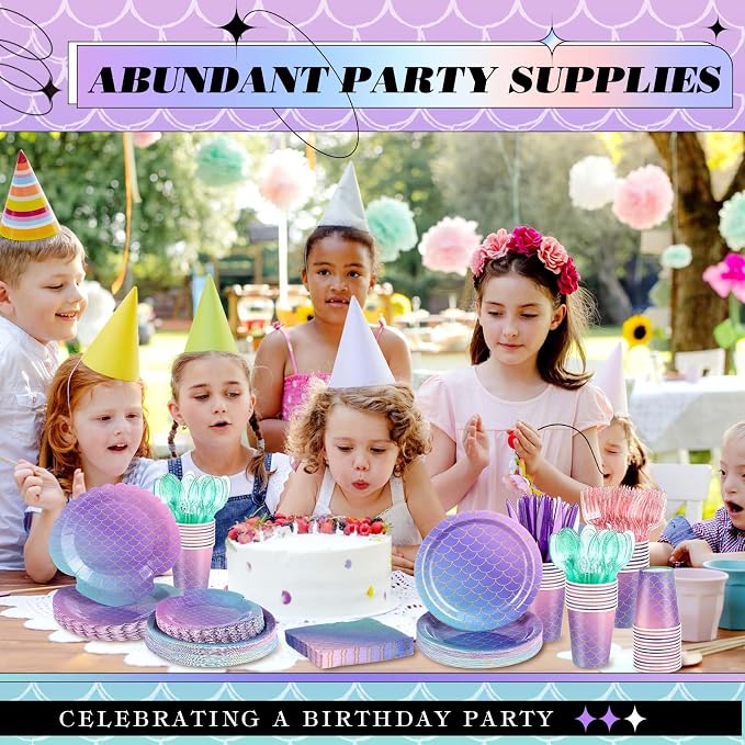 Blushtier 350 Pcs Mermaid Party Supplies Mermaids Themed Decorations Under the Sea Disposable Dinnerware Set Includes Plates Napkins Cups Spoons Fork Knives for Birthday Party (Multicolor)