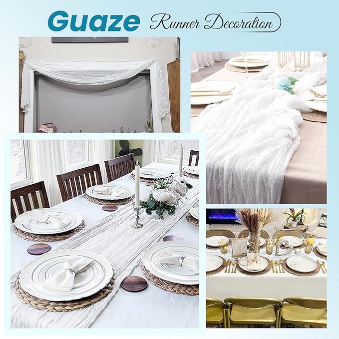6 Pack White Cheesecloth Table Runner 20 x 120 inch Gauze Table Runners 10 FT Long,Semi Sheer Boho Cheese Cloth Fabric Table Runner Bulk for Wedding,Party,Baby Shower,Bridal Shower Decoration