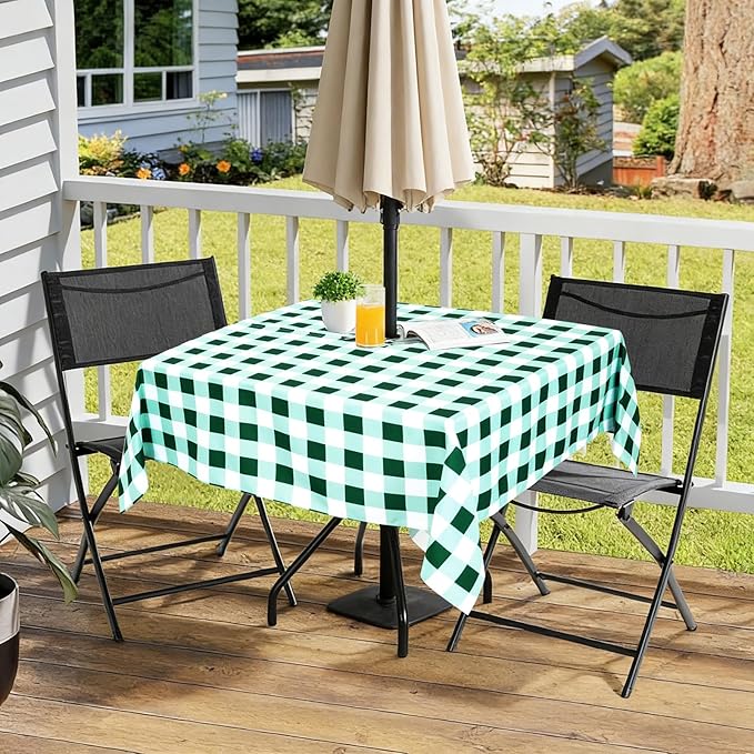 Poise3EHome Square Outdoor Tablecloth with Umbrella Hole and Zipper,Green Gingham 60x60 Inch,Polyester SpillProof Washable Table Cloth for Spring Summer Patio Garden Poolside Picnic Camping BBQS