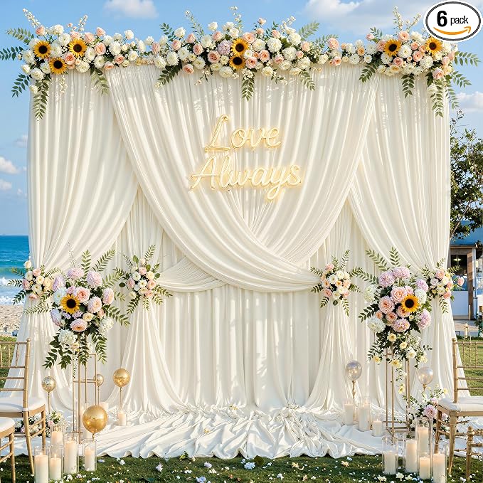 30ftx12ft Wrinkle Free Ivory Backdrop Curtain, 6 Panels 12FT Long Wedding Photo Backdrop Drapes, Silky Polyester Back Drop Cloth for Birthday Photography Background Party Backdrop Draping