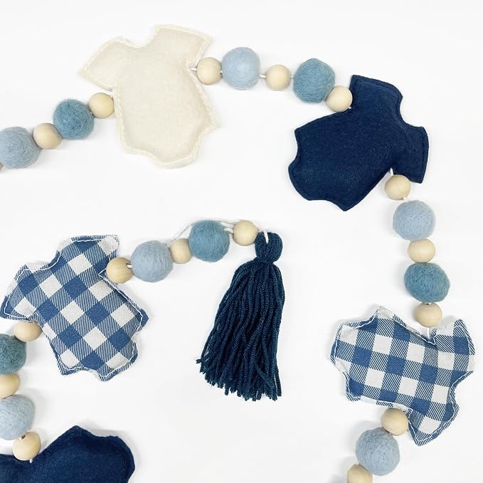 Dusty Blue Plaid Baby Clothes Decorations Pre-Strung Handmade Felt Baby Clothes Wooden Bead Wool Felt Ball Banner Garland for Sweet Baby Boy It's a Boy Baby Shower Party Nursery Fireplace Home Decor
