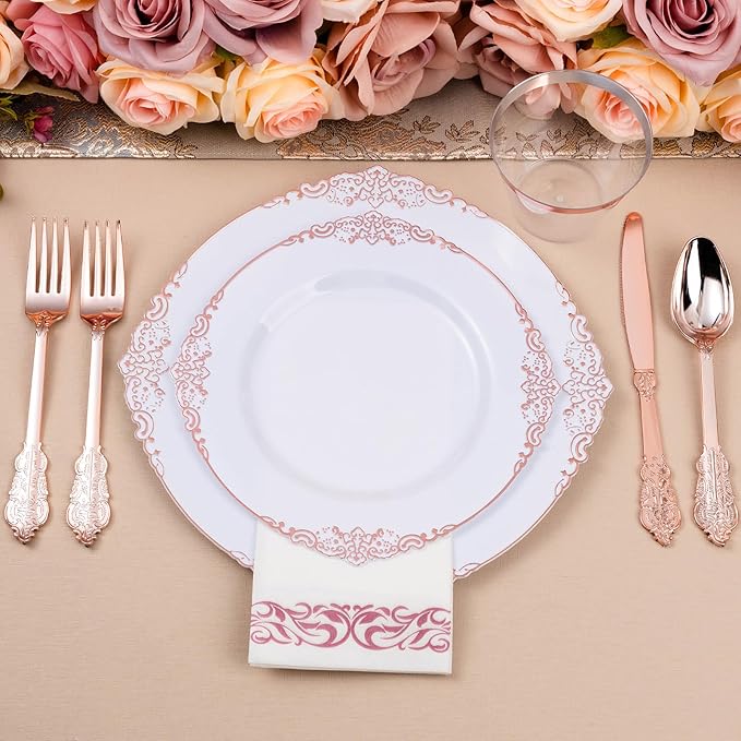 Bestluck 350PCS Rose Gold Plastic Plates for 50 Guests, Disposable Dinnerware Set Includes 100 Disposable Plates, 150 Rose Silverware, 50 Cups, 50 Napkins for Party, Wedding