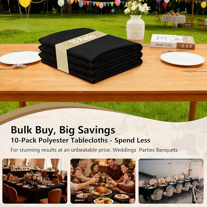 Black Tablecloths for Rectangle Tables, 10-Pack - 60x102 Inch | Reusable & Washable Table Cloths for 6 Foot Tables, Polyester Fabric Tablecloth for Wedding, Party, Banquet