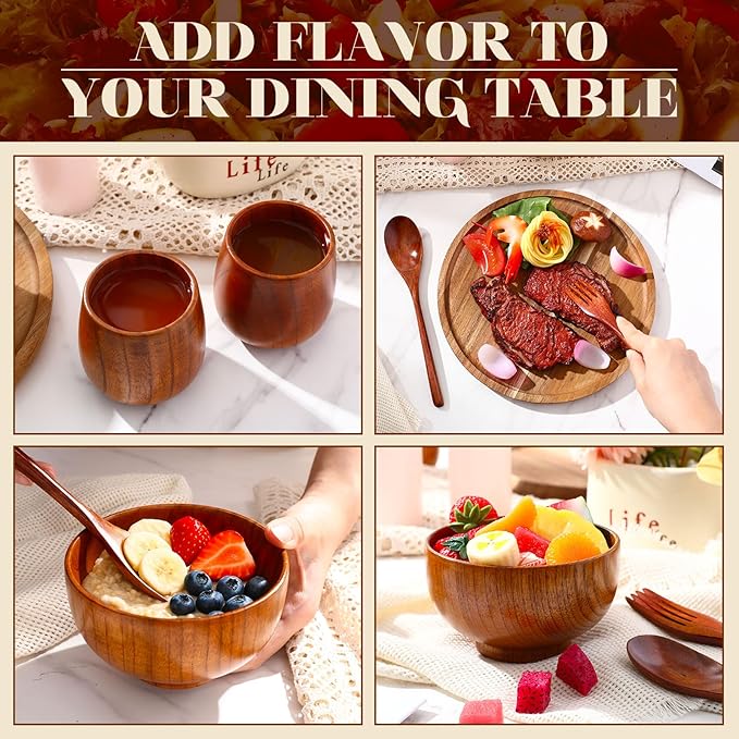 20 Pcs Acacia Wood Dinnerware Set 10 Inch Round Wooden Plates Bowls Tea Cups Fork Spoons Acacia Wood Tableware Supplies Easy Cleaning Lightweight for Dishes Snack Dessert, 4 Set