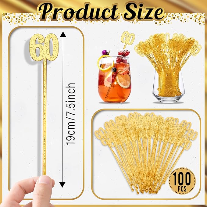 Reallnaive 100 Pcs 60th Birthday Drink Stirrers Gold Glitter Cocktail Stirrers Plastic Swizzle Sticks 7.5 Inch Fall Birthday Cupcake Toppers Sticks Bulk for Coffee Bar Cake Pops Christmas Party Favor