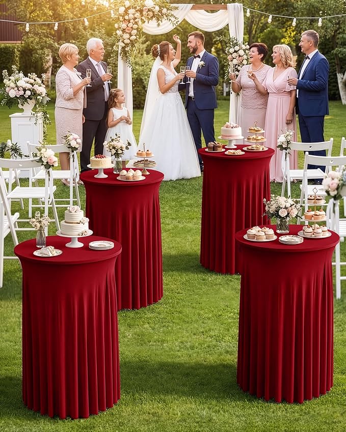 KeyWave Cocktail Table Tablecloth with Skirts - 32x43 Inch Wavy Spandex High Top Cocktail Table Covers, Ruffle Drape Highboy Tablecloth Reusable for Party Wedding Cake Standing Table, Red, 6 Pack