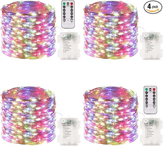 4 Pack 100 LED Fairy Lights Battery Operated with Remote, 33FT Waterproof Twinkle Lights with Timer & 8 Modes, Fairy String Light Outdoor Indoor for Bedroom Classroom DIY Christmas Decor (Multicolor)