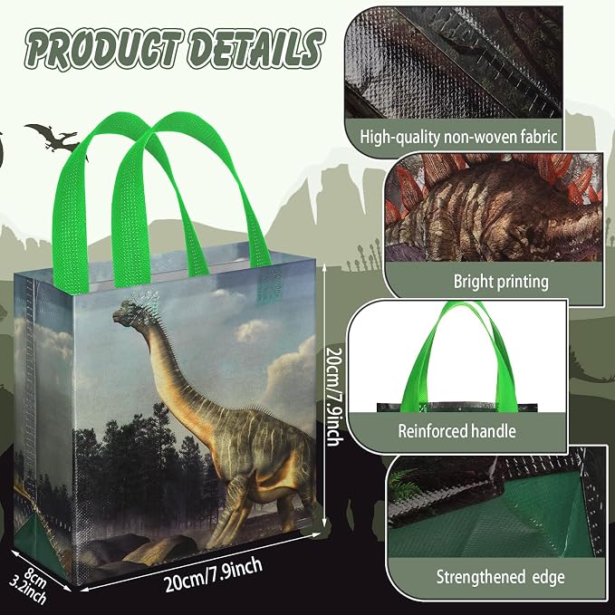 Sweetude 40 Pcs Dinosaur Gift Party Favor Bags with Handle, Non Woven Goodie Bags Birthday Favor for Birthday Baby Shower Packaging Supplies