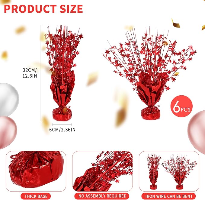 12 Pack Metallic Foil Spary Centerpieces for Tables, Red Centerpieces for Tables Decorations, Star Brust Table Centerpieces for Birthday Graduation Wedding Baby Shower Party
