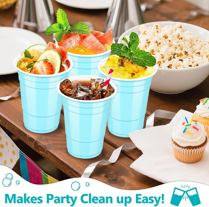 LANLISA 50 Light Blue Plastic Cups, 16 oz Disposable Cups, Drinking Cups For Birthday Party, Baby Shower, Easter
