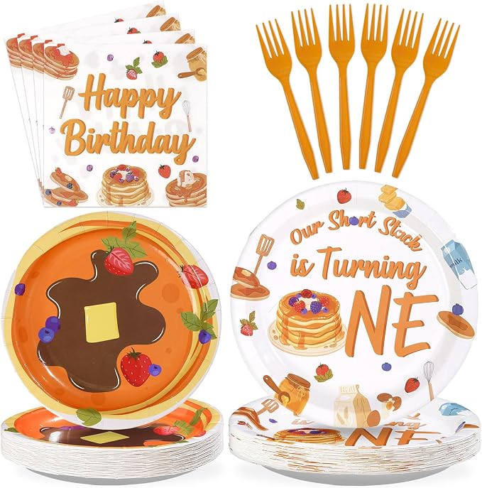 96Pcs Pancakes 1st Birthday Party Decorations Pancakes Plates and Napkins Our Short Stack is Turning One Tableware Set for Breakfast Brunch Supplies for Pancake 1st Birthday Party Supplies，Serves 24