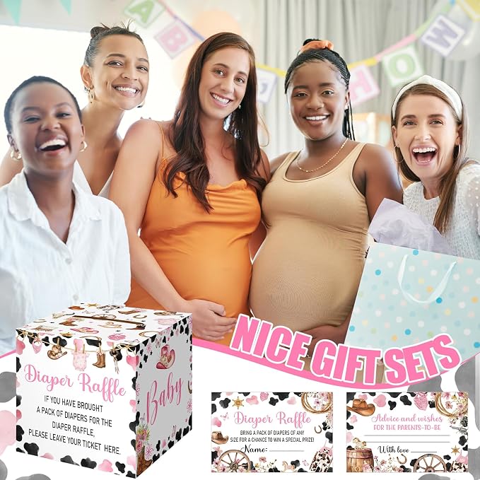 Teling 51 Pieces Diaper Raffle Tickets with Card Box Baby Shower Decorations Gender Reveal Holder Box for Girl Boy Diaper Raffle Party (A Little Cowgirl is on the Way)