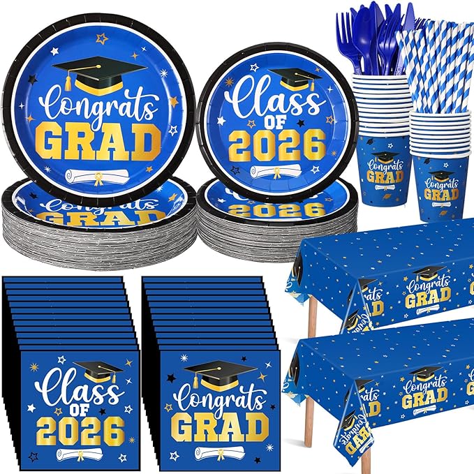 Funnymoom 452 Pcs 2026 Blue and Gold Graduation Party Decorations Supplies, Class of 2026 Graduation Paper Plates Napkins Cups Tablecloth Cutlery Straws Grad Congrats Grad Party Disposable Tableware