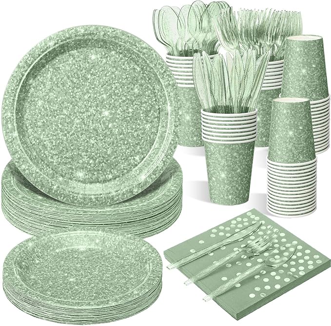Hushee 175 Pcs 25 Guests Sage Green Paper Party Plates and Cups Napkins Sets Holographic Glitter Disposable Dinnerware Plastic Forks Knives Spoons Birthday Bachelorette Wedding Party Supplies