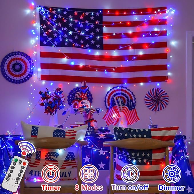 YEGUO Red White and Blue Lights Battery Operated, 2 Pack Each 33ft 100 LED 4th of July Lights Outdoor Waterproof, 8 Modes Clear Wire Fairy Light Indoor with Remote for Memorial Day Patriotic Decor