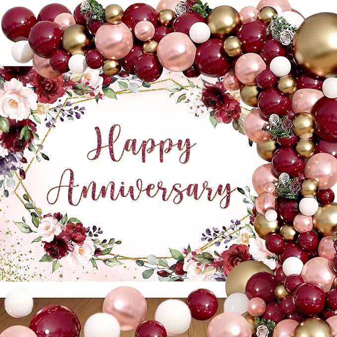 InMemory Happy Anniversary Backdrop Burgundy Flower Rose Wall Decoration Banner Couple Marriage Engagement Bridal Shower Wedding Anniversary Party Photography Background Photo Props 8x6ft