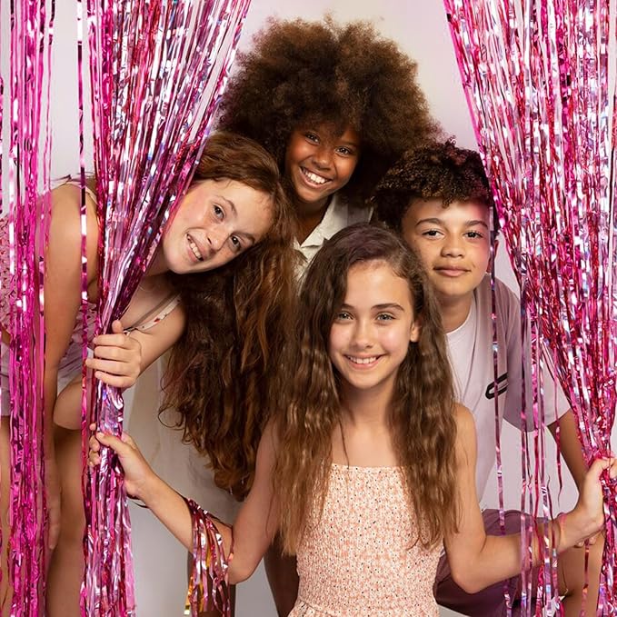 2 Pack Foil Curtain Backdrop Pink Metallic Tinsel Foil Fringe Curtains Photo Booth Props for Birthday Valentines Day Wedding Engagement Baby Shower Bachelorette Christmas Holiday Party Decorations