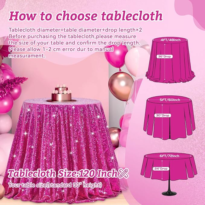 B-COOL Round Sequin Tablecloth Party Decorations: 120 Inch Fuchsia Table Cloth Glitter Fabric Overlay for Indoor Outdoor Dining Parties Home