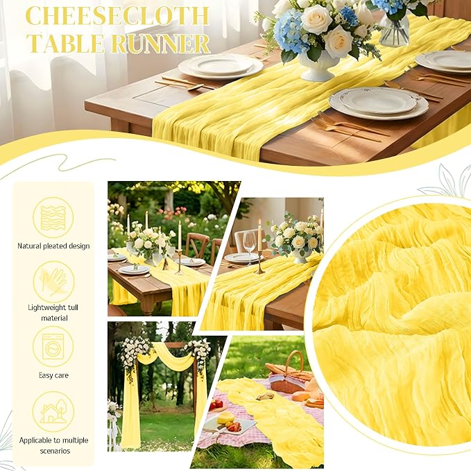 6 Pack Light Yellow Cheesecloth Table Runner 21x120 Inches, Boho Gauze Rustic Semi Sheer Cheese Cloth Table Runners for Easter Wedding Bridal Baby Shower, Birthday Party, Long Farmhouse Table Decor