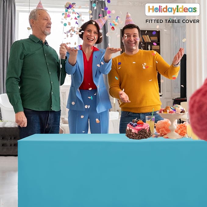 HolidayIdeas 4-Pack 8ft Open Back Fitted Tablecloths for Craft Shows Teal | 3-Sided coverage wrinkle resistant tablecloths for vendor booths,banquet events,outdoor pop-up shop