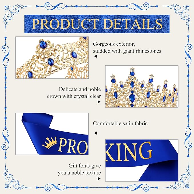 Retrowavy 4 Pcs Prom King and Queen Crown Set with Sashes Prom King Queen Sash and Tiara Set for 2026 Grad Birthday Carnival Wedding Costume Accessories(RoyalBlue)