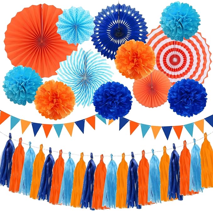 Blue and Orange Party Decorations Set Kids Birthday Paper Fan Tissue Pom Poms Streamers Theme Party Supplies Tassel Garland Banner Blue Orange Party Supplies