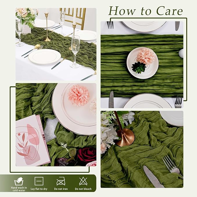 10 Pack Olive Green Cheesecloth Table Runner 17x108 Inch Semi Sheer Boho Rustic Gauze Cheese Cloth Table Runners for Wedding Party Birthday Baby Shower Home Décor