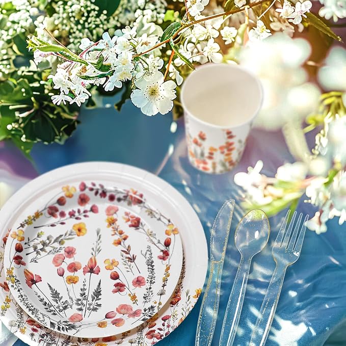 Sinmoe 400 Pcs Spring Wildflowers Plates and Napkins Set Paper Flower Dinnerware Disposable Party Supplies for 50 Guest Dinnerware Knife Fork Spoon for Spring Summer Birthday Baby Shower Party