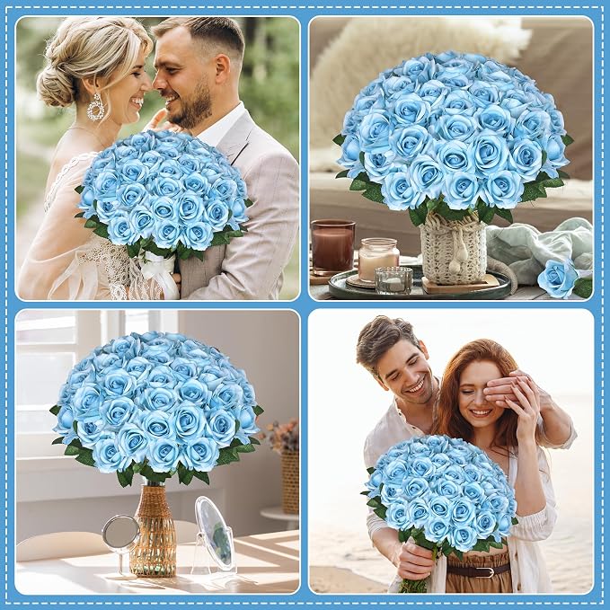 90pcs Fake Sky Blue Roses Artificial Flowers Bulk Realistic Silk Faux Rose with Stems for Wedding Decoration Anniversary Bridal Bouquet DIY Floral Arrangement Romantic Home Decor Gifts