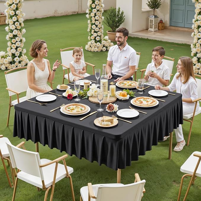 Shillance 34x34 Inch Black Spandex Square Tablecloth,Wrinkle Free Black Fitted Table Cloth for Square Tables,Washable Pleated Table Cover for Wedding Birthday Cocktail Party Buffet Dinner Camping